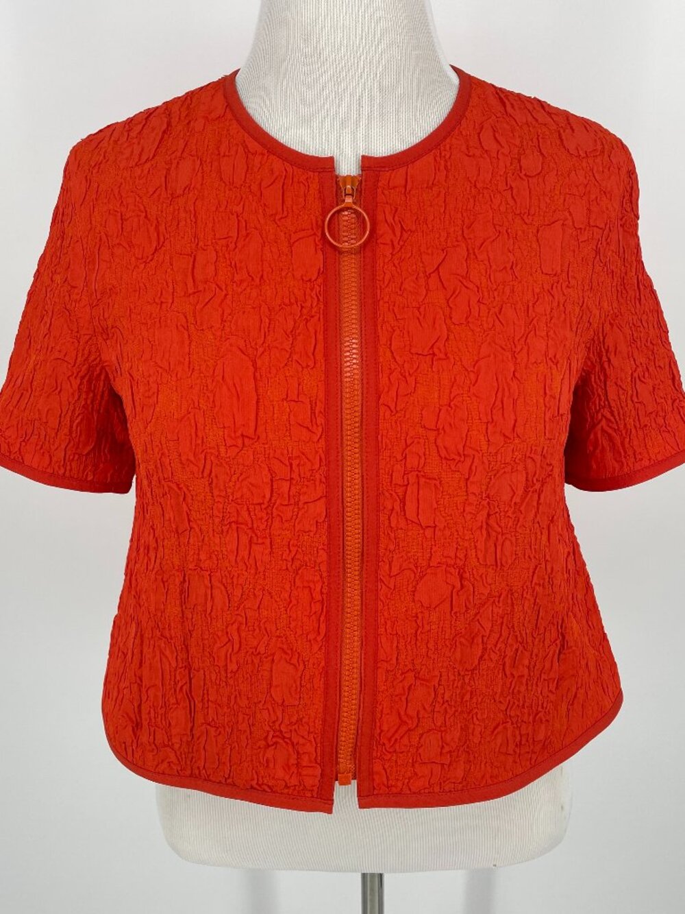 Akris Punto Vibrant Red Orange Zip Front Short Sleeve Jacket Top Size 4